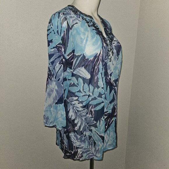 NEW Tantrums Blue Tropical Sheer Shirt Cover-Up Size Small Beaded Floral Vaca - Picture 7 of 11